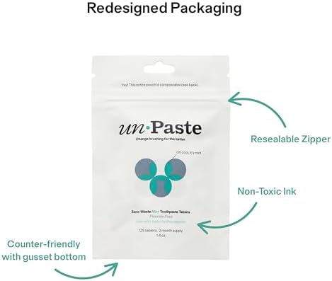 New Formula, Unpaste Toothpaste Tablets, Now w/Nano-HYDROXYAPATITE, Fluoride-Free Mint Remineralizing Tablet, Xylitol Free, Vegan, Plastic Free, Travel-Friendly, Resealable Packet, 125ct/2 mo Supply