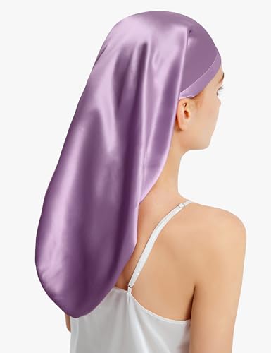 LilySilk 100% Silk Bonnet Mulberry 19 Momme Silk Sleep Cap Long for Curly Hair Night Cap for Sleeping, Silk Hair Wrap for Women Lavender
