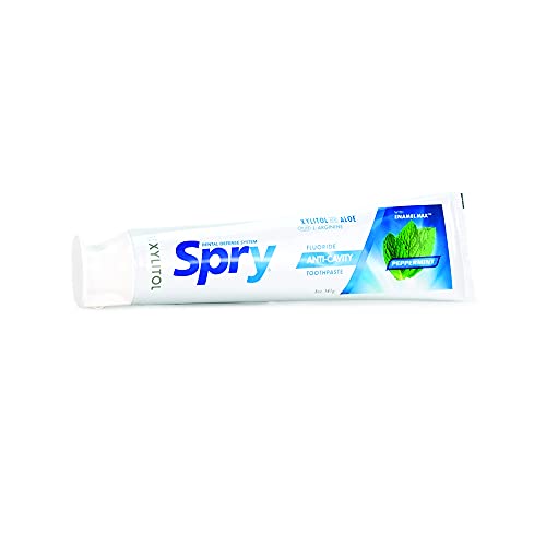 Spry Natural Xylitol Toothpaste 5oz for Adults and Kids with Fluoride, Gentle for Sensitive Teeth Whitening and Remineralizing, Breath Freshening, Mouth Moisturizing, Peppermint (Pack of 1)