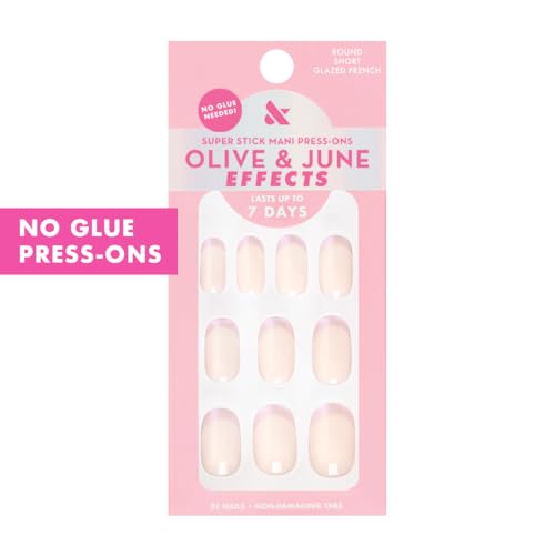 Olive & June Super Stick Mani Press-On Nails | Short, Round | No Glue Needed | 32 Tab Nails in 16 Sizes | Non-Toxic Tabs | Easy On-Off, Non-Damaging | Realest Look | 7-Day Wear | Glazed French