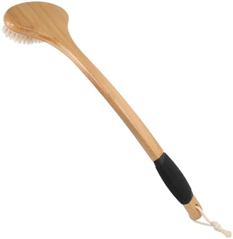 OWIIZI Back Scrub Brush for Shower,Stiff Boar Bristles Bamboo Curved Long Handle Antiskid Body Bath Brush for Back Use Wet or Dry,Deep Cleanse Large Surface Back Scrubber