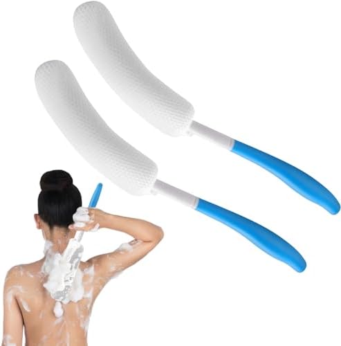 Sunnyray 2 Pack 15.35 Inch Long Anti-Slip Curve Handled Bath Body Brush, Body Back Bath Brush with Sponge Soft Blue Rubbing Back Shower Brush for Elderly Aid Bathing and Shower