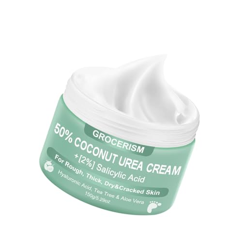 Urea Cream 50 Percent for Feet Maximum Strength 5.29 oz with Coconut and 2% Salicylic Acid, Foot & Hand Cream included Hyaluronic Acid, Tea Tree and Aloe Vera for Deep Moisturizing, Callus Removing
