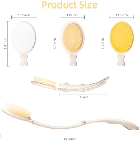 LFJ 19" Long Handle Shower Sponge Brush Set, 3 in 1 Body Brush, Bath Sponge and Lotion Applicator Improved Skin Health, Suitable for Men and Women (White Brush-2P)