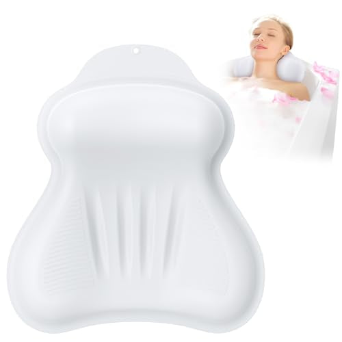 Silicone Bath Pillow, New Material Bath Pillows for Tub Head Neck and Back Support, Bath Tub Pillow with 4D Press Inflatable Airbag and Non-Slip Strong Suction Cups, Quick-Drying, Easy to Store, White