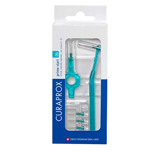 Curaprox CPS 06 Prime Start Interdental Brushes Set, 5 interdental Brushes CPS 06 Prime + 1 Holder UHS 409 + 1 Holder UHS 470, 0.6 mm to 2.2 mm, Turquoise