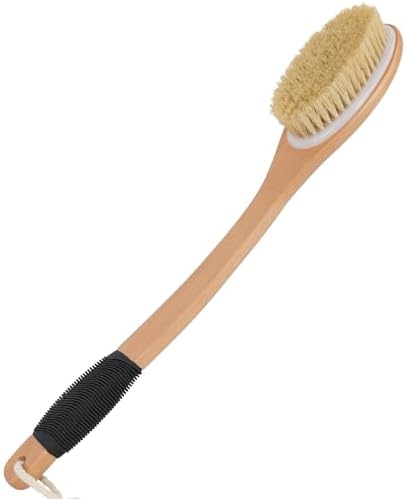 OWIIZI Back Scrubber Brush for Shower, Long Stiff Bristle Body Bath Brushes, Wooden Curved Long Handle Skin Exfoliator for Men Women Wet or Dry Use