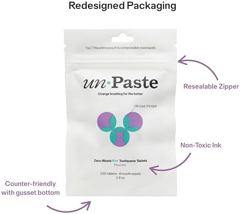 New Formula, Unpaste Toothpaste Tablets, Fluoride Mint, Xylitol Free, Vegan, Plastic Free, Travel-Friendly, Resealable Packet, 250ct, 4 Month Supply