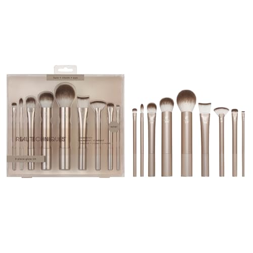 Real Techniques 9 Piece Au Naturale Makeup Brush Set, For Liquid, Cream, & Powder Eyeshadow, Foundation, Blush, Bronzer & Contour, Travel Friendly Brushes, Gift Set, Cruelty-Free Bristles