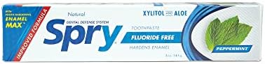 Spry Natural Xylitol Toothpaste 5oz for Adults and Kids - Fluoride Free, Gentle for Sensitive Teeth Whitening and Remineralizing, Breath Freshening, Mouth Moisturizing, Peppermint (Pack of 6)