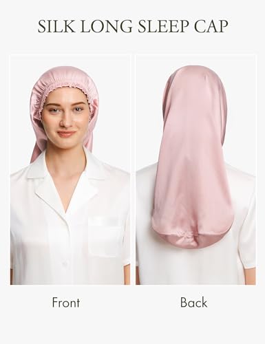 LilySilk Extra Long Silk Bonnet Sleep Cap for Women Soft Adjustable Hair Bonnet for Braids,Curly,Long Hair- Soft Elastic Band, Rosy Pink