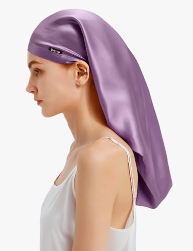 LilySilk 100% Silk Bonnet Mulberry 19 Momme Silk Sleep Cap Long for Curly Hair Night Cap for Sleeping, Silk Hair Wrap for Women Lavender