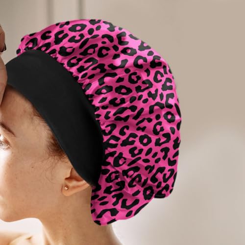 WIRESTER Set of 2 Satin Hair Bonnet for Sleeping, Fashion Sleep Cap, Silk Bonnet with Elastic Soft Band for Women Girls - Black Pink Leopard, Gold Sparkle Black Yellow Glitter Leopard