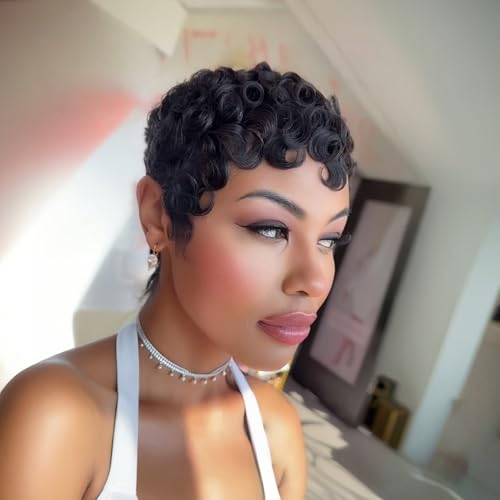PangDongLai Chic Elegent Pixixe Cut Curly Wigs for Black Women Short Layered Pixie Cut Human Hair Wigs With Bangs Natural Black Color Summer No Glue Short Curly Human Hair Wig