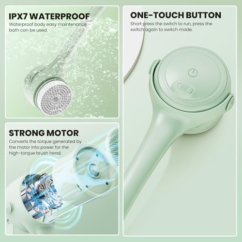 Electric Body Brush Back Scrubber for Shower – Waterproof Dual-Speed Bath Brush Long Handle with 4 Heads, Rechargeable Silicone Body Scrubber for Cleansing, Exfoliating and Massaging Skin Green