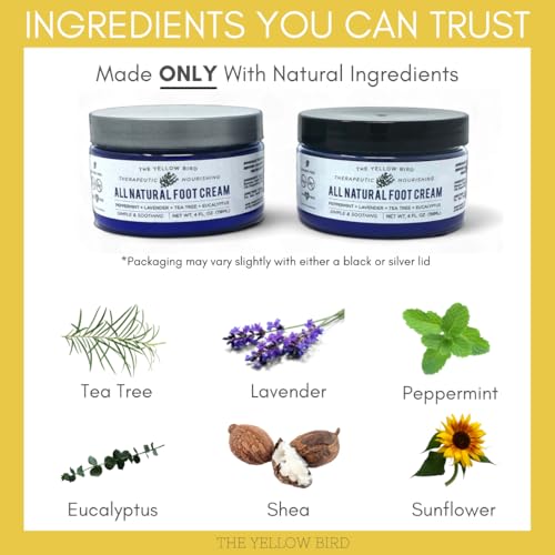 Yellow Bird Natural Foot Cream - For Dry and Cracked Feet Repair. Organic Athlete’s Foot Balm. Salve Moisturizer for Heel Care & Callus Treatment with Tea Tree Oil & Peppermint Essential Oils