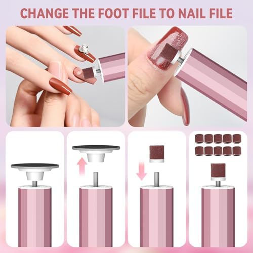 Electric Foot File 2-in-1 Foot Callus Remover with 50pcs Sandpaper Discs, Callus Remover for Feet Professional Pedicure Tool for Dead Skin and Calluses 9 Adjustable Speed/Reversible Rotation - Pink