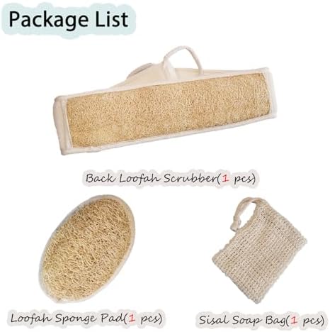 Natural Loofah and Sponge Set, Back Scrubber for Shower with Soap Bag. Body Exfoliating Loofah Sponge for Women and Men, 3-pcs