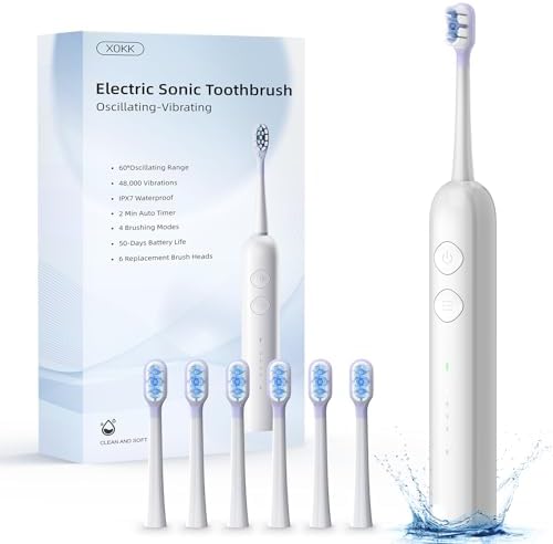 Electric Toothbrush-Oscillation&Vibration Sonic Electric Toothbrush for Adults with 6 Brush Heads for Travel & Teeth Care, 48000VPM Motor 4 Cleaning Modes 2 Min Timer