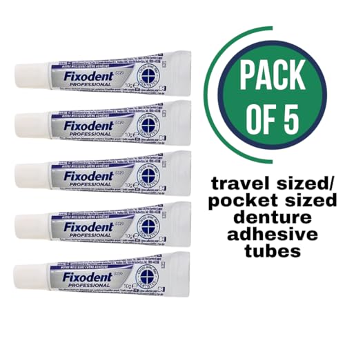 Fixodent Dental Adhesive Cream 10g Pocket Sized Travel Sized Tubes, TSA-Approved Travel Sized Denture Adhesive w/ 1 Travel Zipper Pouch (Pack of 5 Tubes)