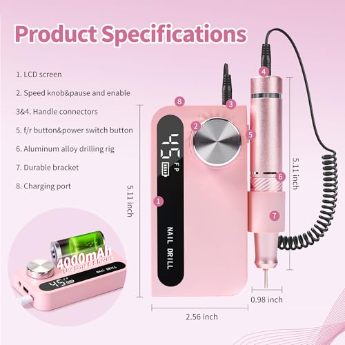 Professional Electric Nail Drill File,Cordless Portable Nail Drill 45000 RPM, Rechargeable Nail File Machine for Acrylic Nails Gel Polishing,Nail Kit for Manicure Salon Home（Pink）