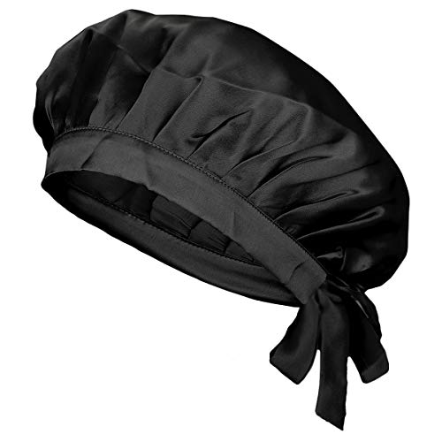 moonsix Women's Natural Silk Night Cap Satin Sleep Caps Elastic Head Cover Bonnet for Hair Care,Tape,Black