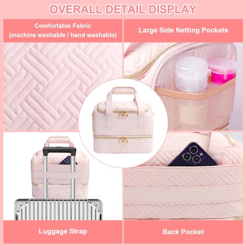 Nail Polish Organizer Bag Holds 50 Bottles (15ml/0.5fl.oz)& Nail Lamp, Soft Velvet Nail Kit Storage Carrying Case with Shoulder Strap, Double Layer Nail Supplies Organizer Handbag Women (Pink)