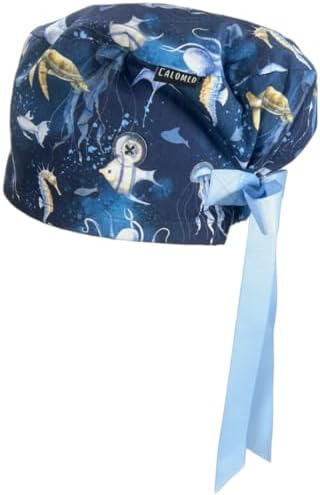 Euro Style Scrub Cap for Women & Men with Ribbon Ties & Buttons, Head Cover for Long or Short Hair