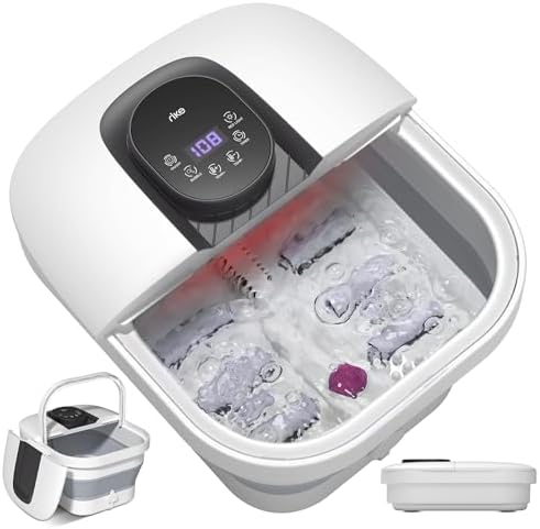 RIKE Collapsible Foot Spa with Heat, Bubbles, 24-Level Temp Control, Red Light, Timer, Foot Soaking Tub with 6 Shiatsu Rollers & Pumice Stone, Foot Bath Massager Pedicure FootSpa for Stress Relief