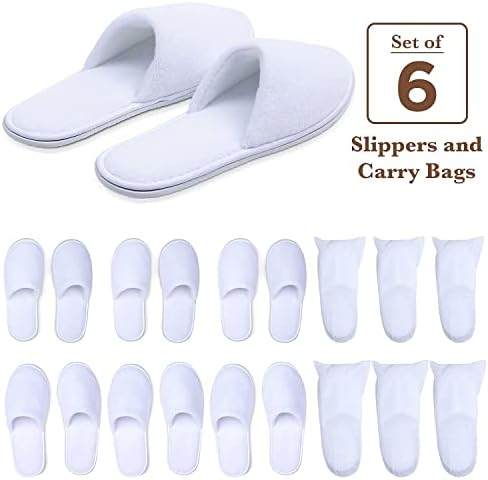 Spa Slippers, Disposable Slippers for Guests Bulk of 6 Pairs - Non-Slip Closed-Toe Premium White Spa Slippers Bulk with Travel Bags - Coral Fleece Hotel Slippers for Women and Men (6 Pair Medium)