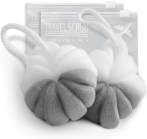 Travel Loofah Sponge with Case – Compact Shower Scrub Pouf for Travel & Gym, Hotel Small Bath Scrubber, Dual-Color Exfoliating Mesh Body Sponge for Men & Women