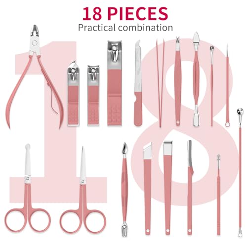 ZIZZON Manicure Set 18 in 1 Professional Pedicure Set Nail scissors Grooming Kit with Leather Travel Case Pink