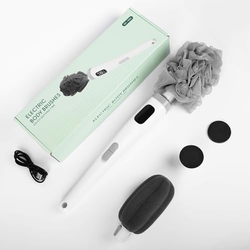 Electric Body Brush Back Scrubber for Shower - 3 in 1 Waterproof & Rechargeable with Long Handle, 3 Heads & 2 Speeds for Foam Generating, Cleansing, Exfoliating, Foot Callus Remover