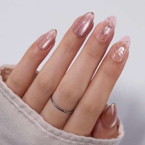 VSALON Press On Nails Short Almond - Pink Cat Eye Semi-Transparent Metallic Design Stick On Nails Kit for Women, Reusable Soft Gel Glue on Nails & Cuticle Oil, Tabs & Nail File - 32 PCS in 16 Sizes