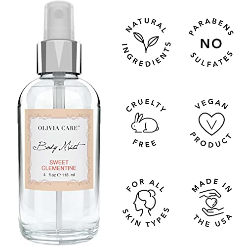 Olivia Care Body Mist Spray Made with Natural Sweet Clementine Scent - Refreshing, Soothing, Cooling & Moisturizing - Eliminate Odor with Fresh Floal Aroma - 4 FL OZ