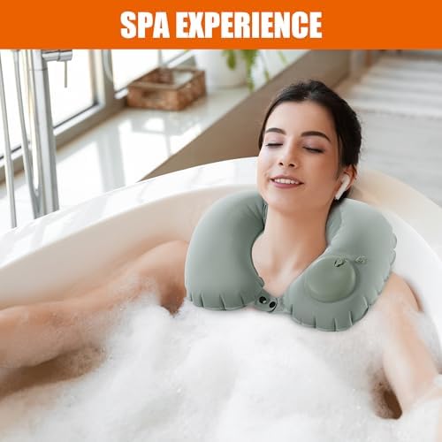 MABOZOO Inflatable Bath Neck Pillows for Tub & Shower - Head & Neck Support, Grey U-Shaped Travel Pillow for Airplane