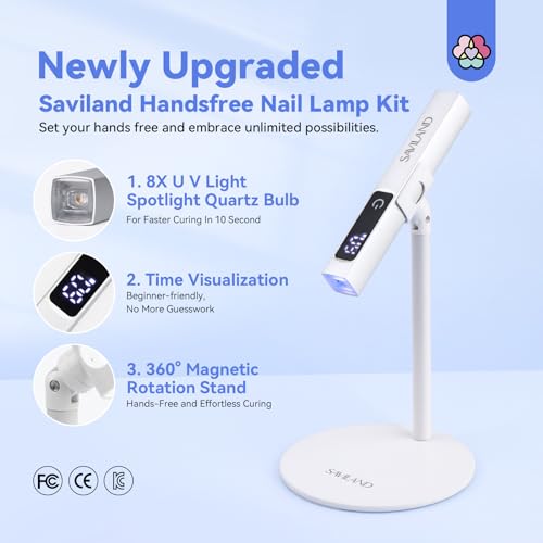 SAVILAND LED U V Light with Magnetic Stand & LCD Screen Portable Nail Lamp Kit Handsfree 2-Timer Modes Portable Mini Nail Dryer Stand for Gel Nails USB Rechargeable and Cordless for Home DIY Manicure