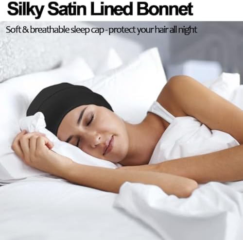 Satin Bonnet for Sleeping Night Cap, Satin Lined Silk Bonnet Large Sleep Cap for Curly Braids Hair Beanie Black Women