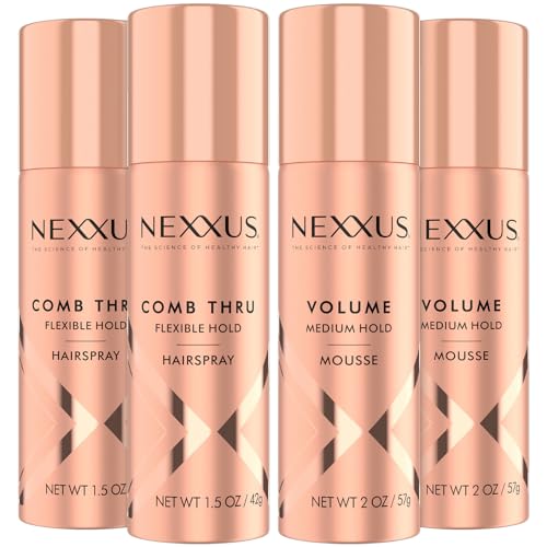 Nexxus Travel Hairspray and Mousse Bundle – Comb Thru Flexible Hold Hairspray (1.5 Oz) 2-Pack + Volume Medium Hold Mousse (2 Oz) 2-Pack, Anti-Humidity, Frizz Control, Rose Fragrance