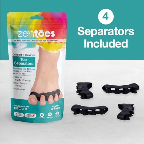 ZenToes Silicone Toe Spacers and Separators for Correct Toe Alignment, Bunion Relief, Hammertoe Straightener, Gel Orthopedic Corrector - 2 Pairs (Black)