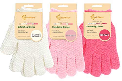 Evridwear Exfoliating Gloves for Shower, 100% Nylon Thick Soft Medium Heavy Bathing Gloves Dead Skin Remover Body Scrubber Smooth Skin with Hang Loop, 3 Pairs