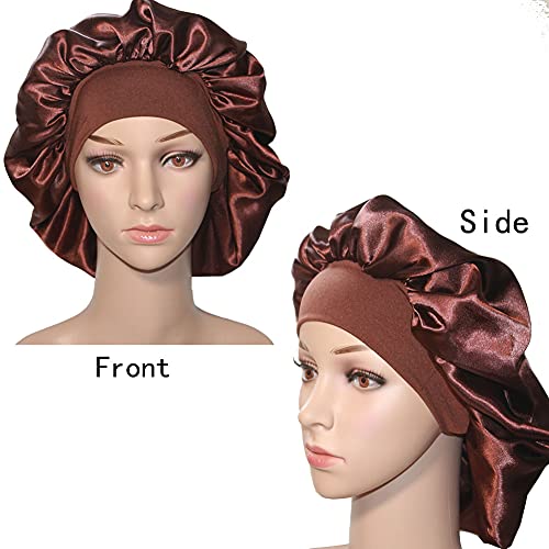 VEYRNEIC Hair Satin Bonnet for Sleeping Shower Caps Silk Chemo Caps with Wide Elastic Band Night Sleep Cap Bonnets for Black Women Braids with Satin Storage Bag(Brown)