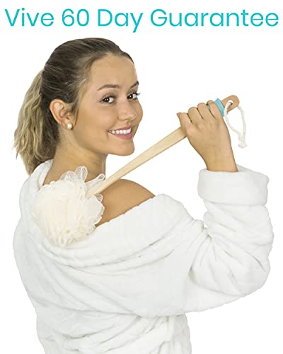 Vive 17” Shower Loofah with Long Handle - Exfoliating Back & Body Scrubber for Men & Women - Luffa Sponge on a Stick for Bathing, Cleaning - Includes Extra Handheld Lufa, Hook & String to Hang on Wall