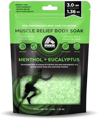 RBX Epsom Salt Bath Soak 5lb – Magnesium Flakes Muscle Relief, Menthol & Eucalyptus Essential Oils, Foot Soak for Athletes, Pain Relief, Detox, Resealable, All Natural, Cruelty Free