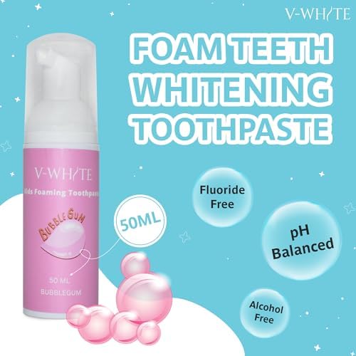 V-White Foam Teeth Whitening Toothpaste - Organic Toothpaste Fluoride Free, Alcohol Free, pH Balanced - Deep Cleansing, Stain Removal, Travel Friendly, for Kids & Adults (Large, Bubblegum)