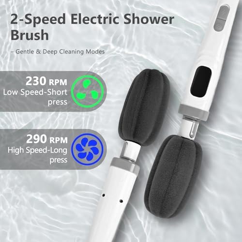 Electric Body Brush Back Scrubber for Shower - 3 in 1 Waterproof & Rechargeable with Long Handle, 3 Heads & 2 Speeds for Foam Generating, Cleansing, Exfoliating, Foot Callus Remover