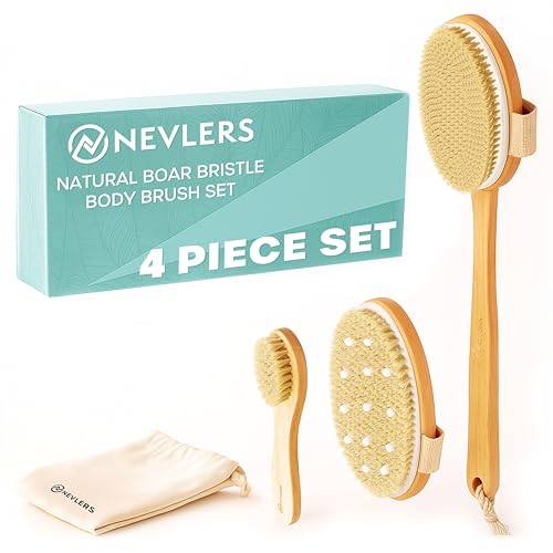 Nevlers Natural Boar Bristle Dry Brushing Body Brush 4-Piece Massage Set | Detachable Long Wooden Handled Back Scrubber, Exfoliating Body Scrubber, Small Exfoliating Face Brush, & Cloth Travel Bag