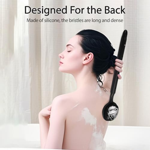 Silicone Back Scrubber for Shower - Adjustable Extendable (40-60 cm / 15.7"-23.6") Long Handle Body Brush with Foam-Generating Dual-Sided Heads for Men & Relaxing Massage Exfoliation
