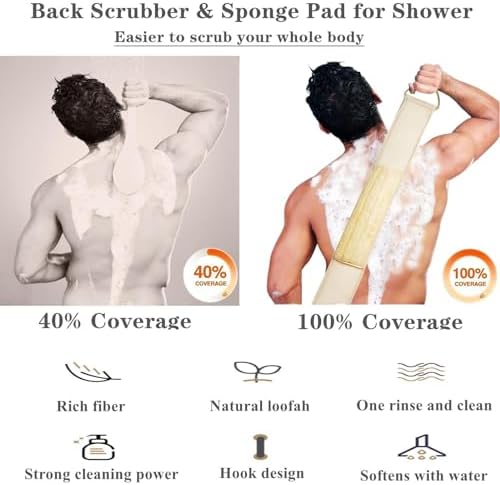 Exfoliating Natural Loofah Sponge Back Scrubber for Shower, Loofah Sponge Pads & Exfoliating Glove, Bath Shower Scrubber for Men and Women