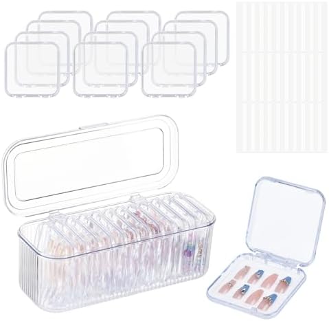 Press On Nail Orgnizer 12pcs 3.3inch Clear nail storage box and 1 large storage box for Press On Nail Packaging and fake Nail Storage Nail Display with double sided tape.